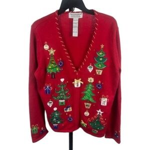 Vintage Tiara International Red Christmas Tree Cardigan Sweater Size‎ Large